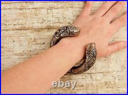 Antique Vintage Deco Sterling Silver Chinese Export Dragon HUGE Cuff Bracelet