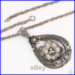 Antique Vintage Deco Sterling Silver Chinese Flower Two Dragon Pendant Necklace