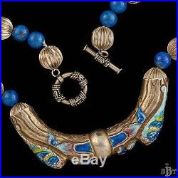 Antique Vintage Deco Sterling Silver Chinese Lapis Bead Enamel Dragon Necklace