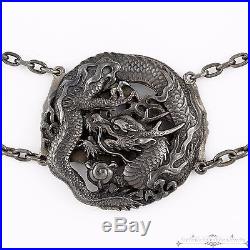 Antique Vintage Deco Sterling Silver Repousse Chinese Export Dragon Buckle Belt