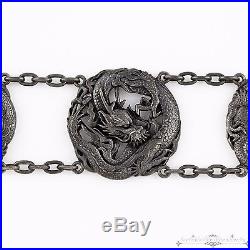 Antique Vintage Deco Sterling Silver Repousse Chinese Export Dragon Buckle Belt
