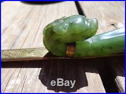 Antique Vintage Green Jade Chinese Carved Double SidesBelt Hook Dragons