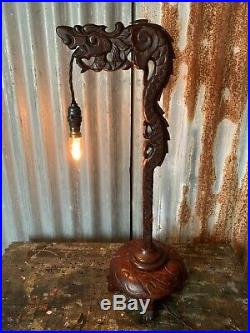 Antique Vintage Wooden Carved Chinese Dragon Table Lamp Light Mahogany Lantern