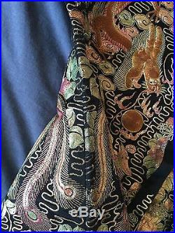 Antique Vtg Chinese 3D Metallic Dragon Phoenix Embroidered Silk Robe Jacket Coat