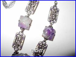 Antique Vtg Chinese Sterling Silver Lavender Jade & Enamel Dragon Link Necklace
