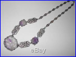 Antique Vtg Chinese Sterling Silver Lavender Jade & Enamel Dragon Link Necklace