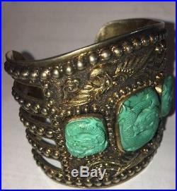 Antique WIDE 76.5g Chinese Carved Dragon Turquoise Sterling Silver Cuff Bracelet