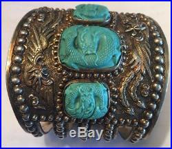 Antique WIDE 76.5g Chinese Carved Dragon Turquoise Sterling Silver Cuff Bracelet