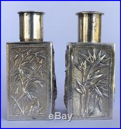 Antique Wang Hing Chinese Sterling Silver Salt & Pepper Dragon Bamboo Containers