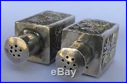 Antique Wang Hing Chinese Sterling Silver Salt & Pepper Dragon Bamboo Containers