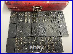 Antique Wooden Chinese Character Dominos Game Encased Tray with Nails Dragon Paper