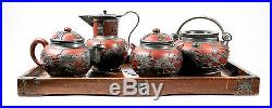 Antique Yixing 5pc tea set pewter dragon red stoneware Tungshan Weihaiwei China