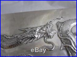 Antique c1920 STERLING SILVER CHINESE SILVER dragon CIGAR BOX SOLID BASE 22X15CM