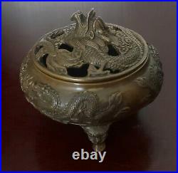 Antique chinese bronze Dragon pot Pourri Bowl Signed