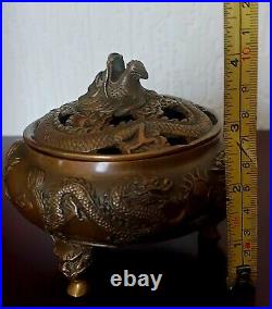 Antique chinese bronze Dragon pot Pourri Bowl Signed