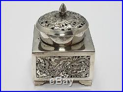 Antique chinese export silver inkwell with dragon / Tintenfass China Silber