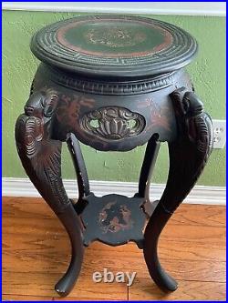 Antique large 30 in. Chinese hand carved wood/lacquer dragons design plant stand