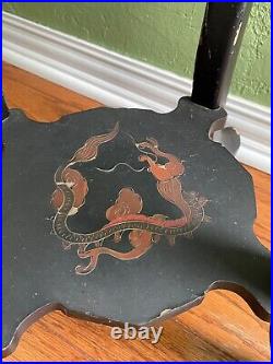 Antique large 30 in. Chinese hand carved wood/lacquer dragons design plant stand