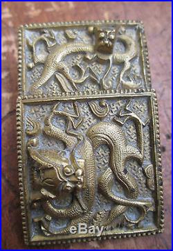 Antique old QING DYNASTY 19th Century CHINESE gilt 2 piece BRONZE Dragon buckle