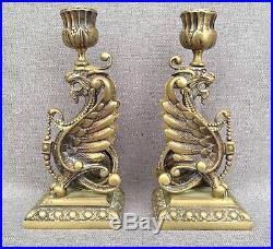 Antique pair of chinese candlesticks made of bronze 1920's dragons lions chimera