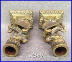 Antique pair of chinese candlesticks made of bronze 1920's dragons lions chimera
