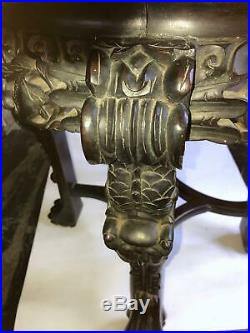 AntiqueCARVED 22-1/2h x18-1/2Dia WOOD&MARBLE CHINESE DRAGON LEGS STANDExc