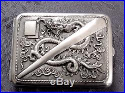 Argent Massif Chine Chinese Export Silver Cigarette Case Box Dragon Antique 127g