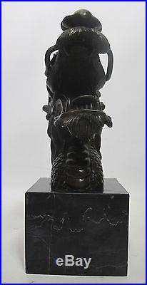 Art Deco Chinese Dragon Bust Patinated Bronze on Marble Statue Sculpture NR yqz