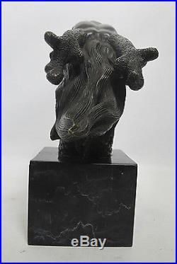 Art Deco Chinese Dragon Bust Patinated Bronze on Marble Statue Sculpture NR yqz