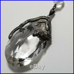 Art Deco Sterling Silver & Rock Crystal Figural Chinese Dragon Pendant, Necklace