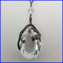 Art Deco Sterling Silver & Rock Crystal Figural Chinese Dragon Pendant, Necklace