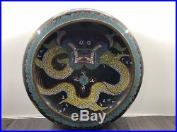 Authentic 10 Signed Antique Chinese Cloisonne Dragon & Flaming Pearl Fire Bowl