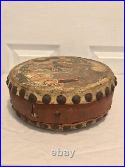 Authentic Antique Chinese Hand Painted Leather & Wood Dragon Tom Tom Drum