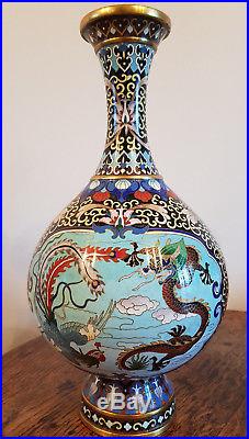 BEAUTIFUL ANTIQUE PAIR CLOISONNE VASES DRAGONS & BIRDS 19th CENTURY QING