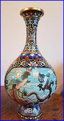 BEAUTIFUL ANTIQUE PAIR CLOISONNE VASES DRAGONS & BIRDS 19th CENTURY QING