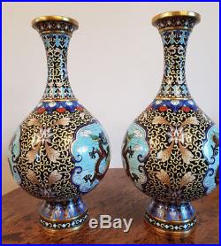 BEAUTIFUL ANTIQUE PAIR CLOISONNE VASES DRAGONS & BIRDS 19th CENTURY QING