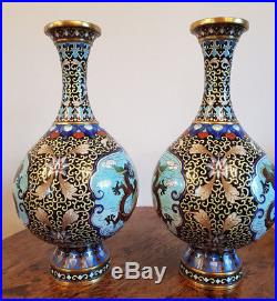 BEAUTIFUL ANTIQUE PAIR CLOISONNE VASES DRAGONS & BIRDS 19th CENTURY QING