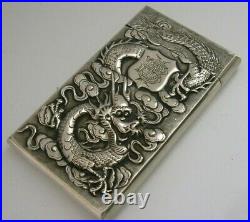 BEAUTIFUL CHINESE EXPORT SOLID SILVER DRAGON CARD CASE c1890 ANTIQUE