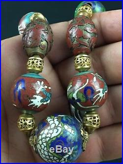 Beautiful Antique Chinese Beaded Dragon Cloisonné Necklace 86 GRAMS