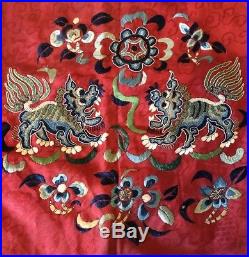 Beautiful Antique Chinese Silk Embroidery On Silk- Dragons/ Flower On Bib