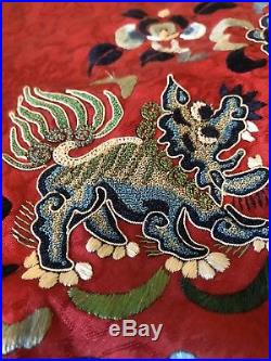 Beautiful Antique Chinese Silk Embroidery On Silk- Dragons/ Flower On Bib