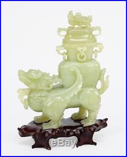 Beautiful Large Antique Chinese Dragon Carved Jade And Wooden Stand