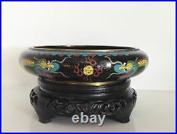 Beautiful Old Chinese Cloisonne Dragon & Flaming Pearl Bowl Fine Antique Stand