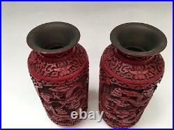 Beautiful PAIR Chinese Republic Period Carved Cinnabar Vase DRAGONS