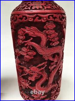 Beautiful PAIR Chinese Republic Period Carved Cinnabar Vase DRAGONS