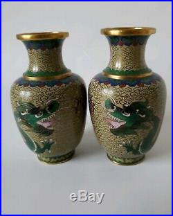 Beautiful Pair Vintage/Antique Chinese Cloisonne Vases Green jade Dragons 5