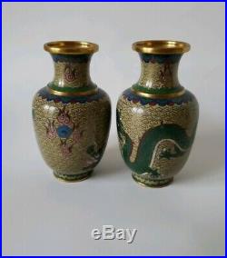 Beautiful Pair Vintage/Antique Chinese Cloisonne Vases Green jade Dragons 5