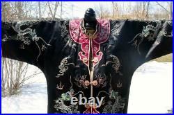 Beautiful Vintage Chinese Embroidered Dragons Waves Black Robe Jacket