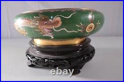 Big Antique Chinese Cloisonne Bowl 5 Toe Dragon Pearl Carved Wood Stand Green
