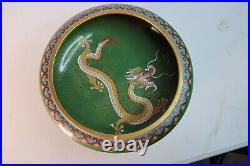 Big Antique Chinese Cloisonne Bowl 5 Toe Dragon Pearl Carved Wood Stand Green